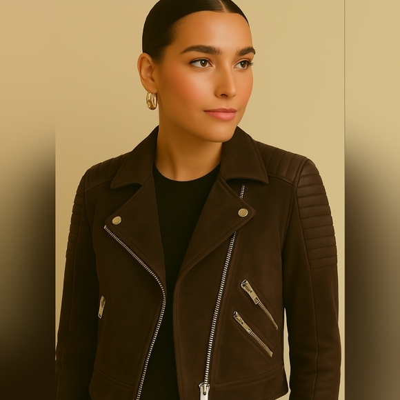 Mango Leather Jacket XXS / Brown with Gold Hardware - Biker Style - Picture 1 of 14